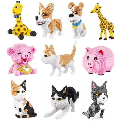 Animal Pet Dog Cat 3D Model Building Block DIY Happy Pig Giraffe Assembly Mini Diamond Brick Decoration Gift Children Toy No Box