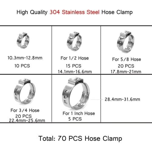70Pcs 304 Stainless Steel Single Ear Stepless Hose Clamps Clamp Assortment Kit Crimp Pinch Rings for Securing Pipe Hoses