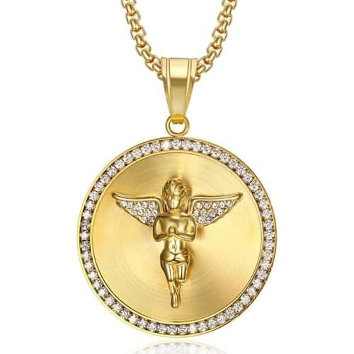 Iced Out Bling Angel Wings Pendant Necklace With Chain Stainless Steel Rhinestone Gold Color Mens Hip Hop Jewelry Dropshipping