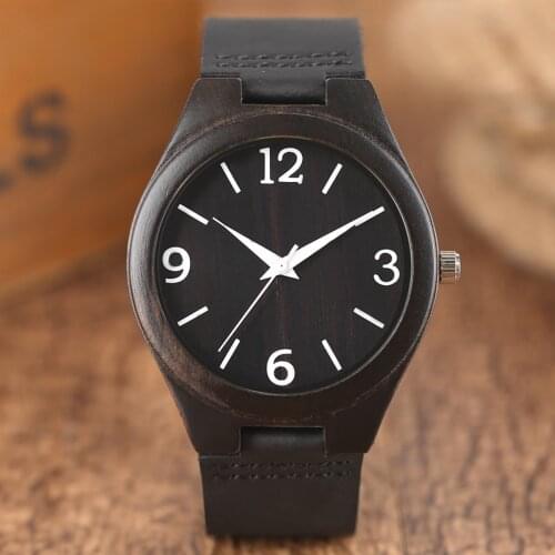 Luxury Ebony Wooden Watch Men Minimalism White Analog Quartz Clock Genuine Leather Bangle Male Sports Clock Reloj de madera 2020