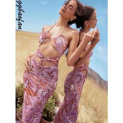 Ggbaofan Elegant Swirl Print Cut Out Halter Bandage Sexy Ruched Midi Dress Sleeveless Backless Dresses Club Party 2021 Summer