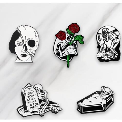 Woman Skull Face skull Rose Enamel Brooch Resting Coffin Badge Denim clothes Bag Lapel Pin Punk Jewelry Gift for friends