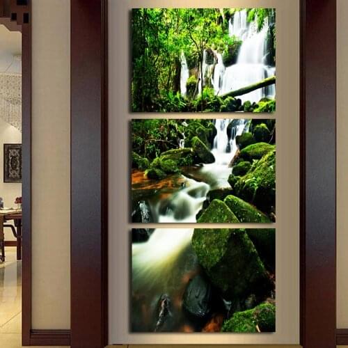 HD Prints Pictures Living Room Home Decor Posters 3 Pieces Virgin Forest Waterfall Landscape Canvas Paintings Wall Art Framework
