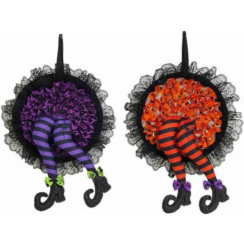 Halloween Evil Witch Legs Wreath Wizard Feet with Black Lace Door Garland Window Wall Hanging Decoration Handmade Funny Ornament