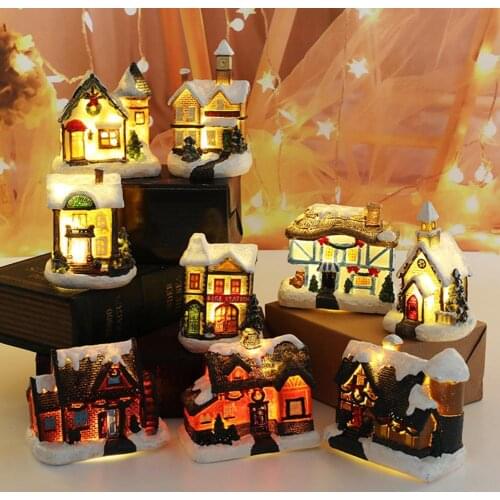 Christmas Decorations LED Light Miniature Landscape House Ornament 9 Styles Resin Snow House Statues Ornaments New Year 2022