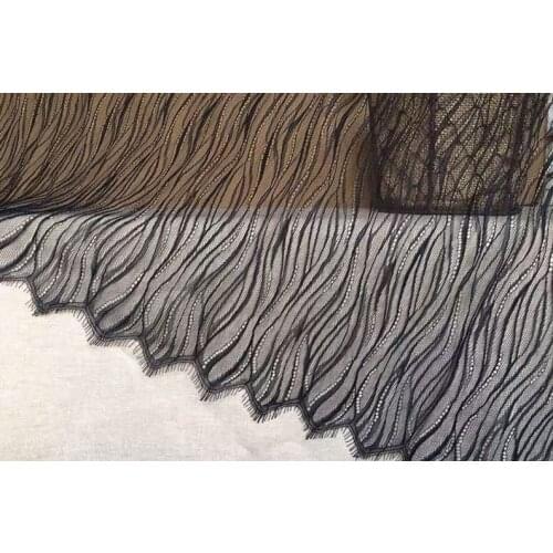 Dots Waves off white/back bridal french lace fabric with eyelash scalloped border wedding 3 yards,Vintage chantilly gown fabric