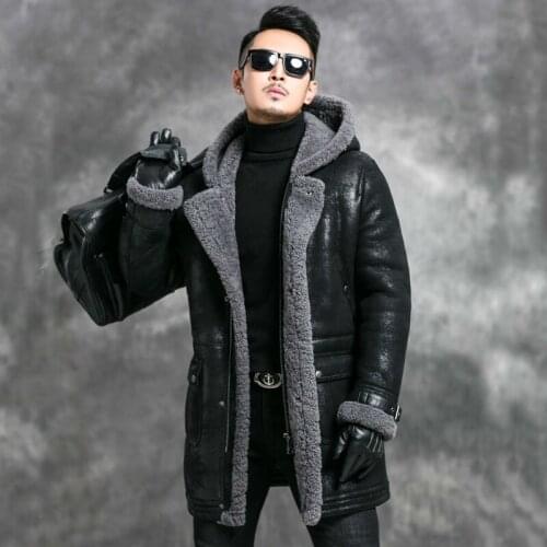 Sheep Shearling Jacket Men Winter Real Fur Coat Mens Genuine Leather Jacket Hooded Vintage Long Thick Leather Coats 4670 KJ3583
