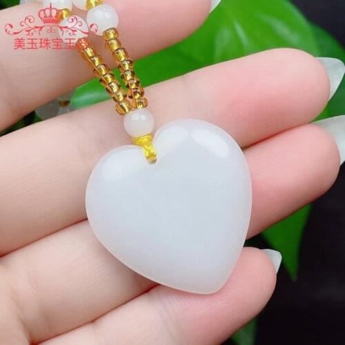Fashion White Jade Love Pendant Necklace Jewellery Chinese Hand-Carved Healing Women Man Luck Gift Sweater Chain