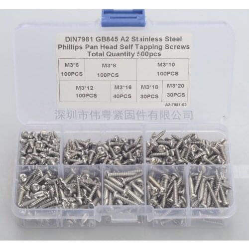 Free shipping 500 pcs 304 stainless steel m3 cross countersunk flat head self tapping screw sets