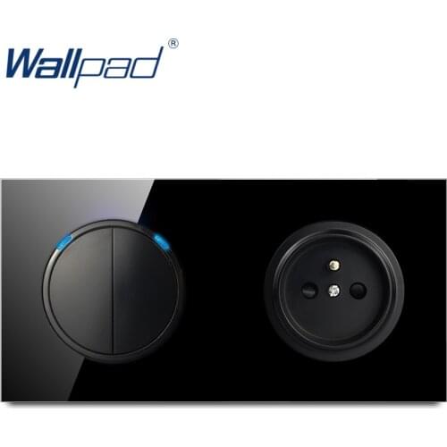 Wallpad L6 Black Tempered Glass 2 Gang 1 Way 2 Way Switch With French Wall Socket Electrical Power Outlet 16A Round Design