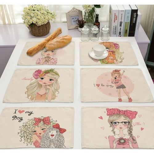 Girls Drink Coasters Cotton Linen Table Mat Cartoon Girls Placemat Nordic Rectangle Table Mats for Dining Table Kitchen Decor