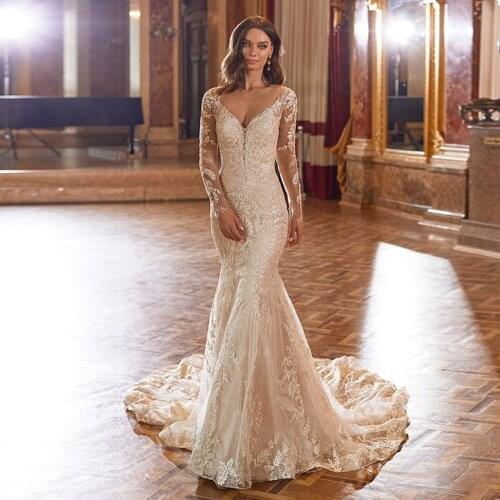 Vestido De Novia Sirena Long Sleeve Mermaid Wedding Dress Cut-Out Back Shining Abito Da Sposa Sequined Beading Hochzeitskleid