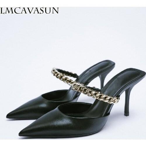 LMCAVASUN New summer products ladies braided straps pointed toe Muller slippers low-heeled half-drag sandals