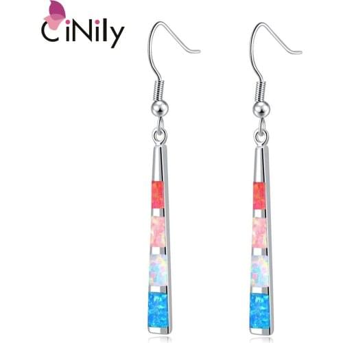 CiNily Created Orange Pink White Blue Fire Opal Silver Plated Wholesale Fashion for Women Jewelry Dangle Earrings 1 7/8" OH3427