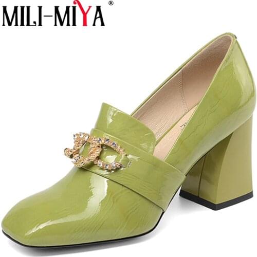 MILI-MIYA Women Pumps Patent Leather Square Toe Square Heels Crystal Office&Career Spring/Autumn Shoes For Ladies Big Size 34-43