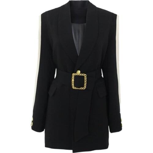 Womens Blazer Belted Black Patchwork Metal Gold Button Fashion OL Ladies Jacket Coat