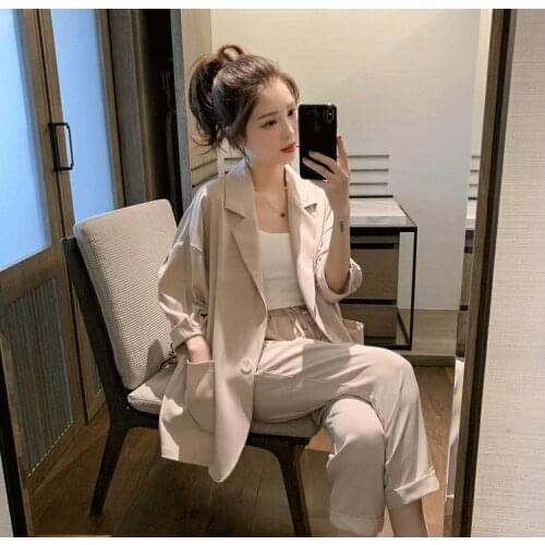Female Casual Blazer Jacket+ Trousers Slim Fit Women Plus Size Spring Summer Pants Suits Office Lady Two-Piece Set
