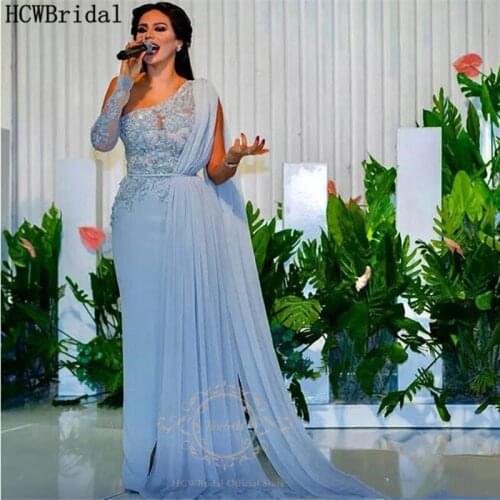 Dusty Blue One Shoulder Saudi Arabic Evening Dress Long Sleeve A Line Chic Beaded Lace Middle East Women Prom Party Dresses