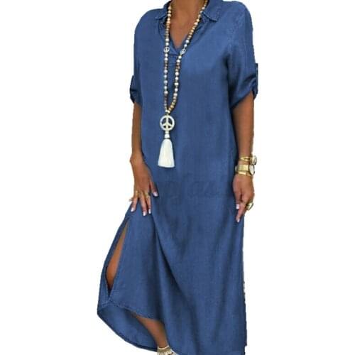 Plus Size Women Denim Dress Half Sleeve Side Slitting Hem V-neck Loose Long Streetwear Daily Life Elegant Party Dress