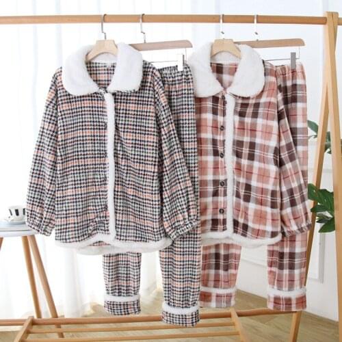 Winter Velvet Elegant Womens Pajamas Sets Warm Button Thicken Sleepwear Loose Palid Fashion Female Home Clothes Nightwear Suit