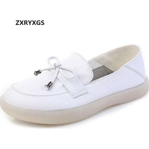 ZXRYXGS 2021 New Fashion Bow High Quality Genuine Leather Shoes Woman Flats Casual Shoes Large Size Trendy Shoes White Camel