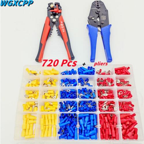 720pcs insulated cable connector + pliers, crimping terminal U shovel ring fork barrel kit cold pressing butt auto parts rv M5