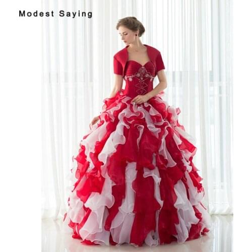 Elegant Wine Red and Ivory Ball Gown Sweetheart Beaded Ruffled Quinceanera Dresses 2017 with Short Sleeve Jacket Party Prom Gown
