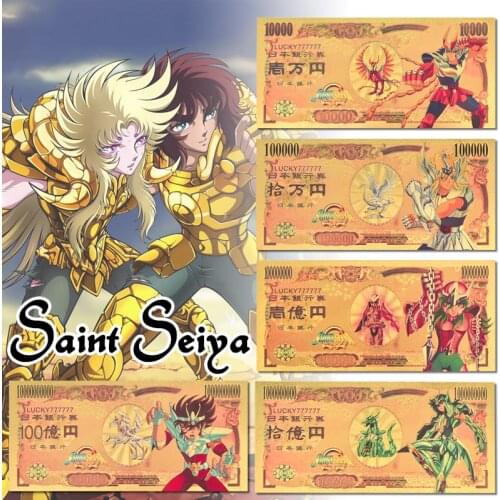 5pcs Saint Seiya Banknotes with Case Japanese Anime Gold Plastic Fake Money Souvenir Gift for Men