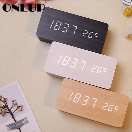 ONEUP Multicolor Alarm Clock LED Wooden Watch Table Voice Control Digital USB/AAA Powered Electronic Desktop Clocks Table Decor