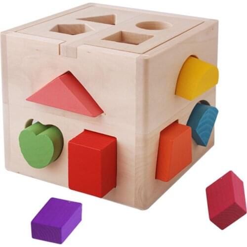 Wooden 13 Hole Intelligence Box Cognitive Matching 3D Building Blocks Shape Puzzles Educational Toys for Children Infant Gifts