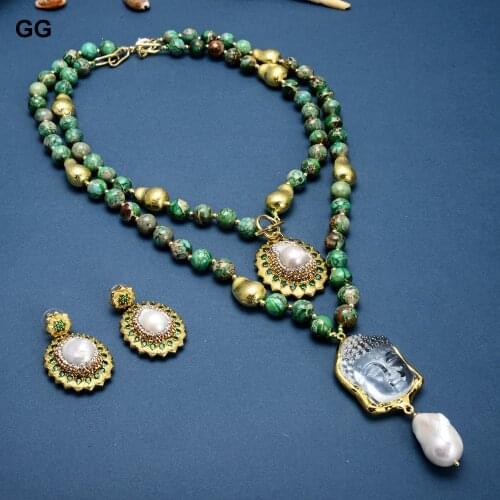 GuaiGuai Jewelry 2 Row Green Jaspers Necklace Keshi Pearl Clear Quartz Buddha Head Pendant Necklace Earrings Sets For Women