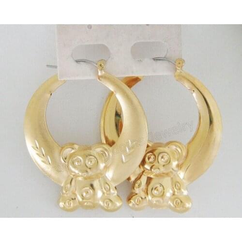 MIN ORDER 10$ CAN MIX /STAR CARVED SURFACE HOLLOW 24K YELLOW GOLD GP BIG HOOP TALL 48MM 1.89" BEAR PATTERN SHRIMP EARRING