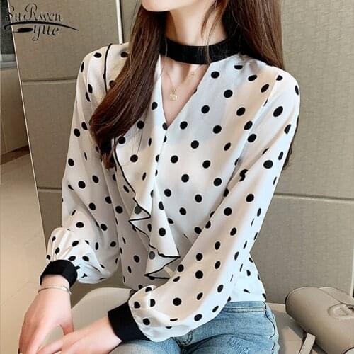 Fashion Hollow Ruffles Women Long Sleeve Shirts Polka Dot Print Chiffon Blouses Women Autumn 2021 Womens Tops and Blouses 10700
