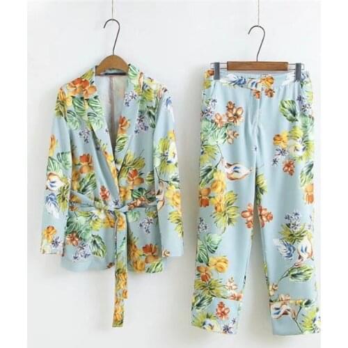 Fashion Print Blazer Set Women Long Sleeve V-Neck With Sash Suit Jacket Slim Blazers Coat Casual Pants Two Piece Outfits Female