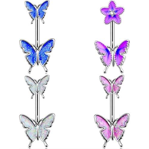 BODY PUNK Navel Piercings 316L Stainess Steel Crystal Butterfly Belly Button Rings Sexy Jewelry