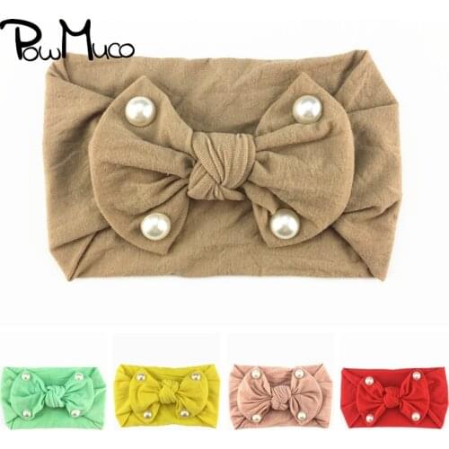 Powmuco Solid Color Pearls Bowknot Baby Girls Elastic Wide Headband Soft Comfortable Nylon Hairband Kids Accessories Photo Props