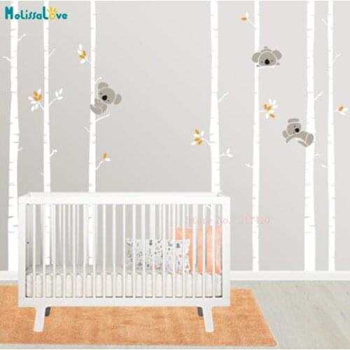 Seven Birch Tree Trunk With 3 Cute Koalas Wall Decals Home Nursery Decor Removable Murals DIY Leaves Design Stickers YT5907