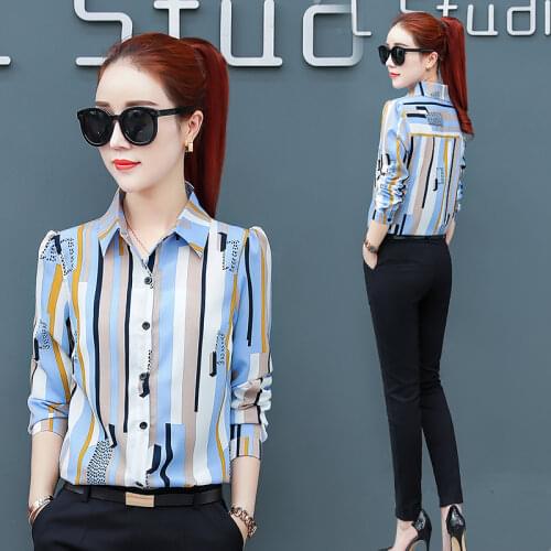 Chiffon striped women blouse and shirts v-neck long-sleeved slim office lady elegant work shirts outwear tops