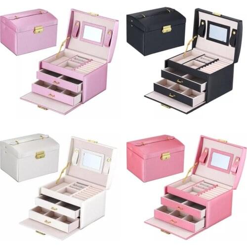 2019 Fashion Classic Three Layers PU Leather Jewelry Box Exquisite Mirror Makeup Case Earring Necklace Ring Jewelry Organizer
