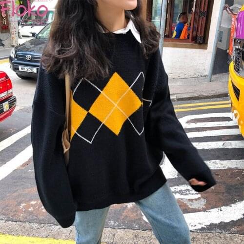 Flokocloset Loose Geometric Print Knitted Sweater Pullovers Casual Long Sleeve O-Neck Oversized Jumpers Women Winter Clothes