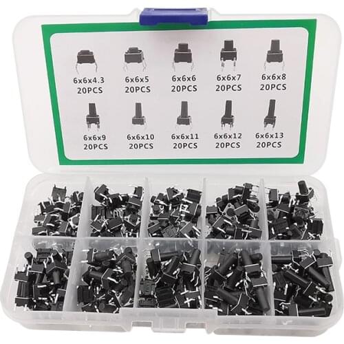 200Pcs 6x6 Tact Switch Tactile Push Button Switch 10 Models Kit Height 4.3mm-13mm DIP 4 Pin Micro Momentary 6*6 Tact Switchs