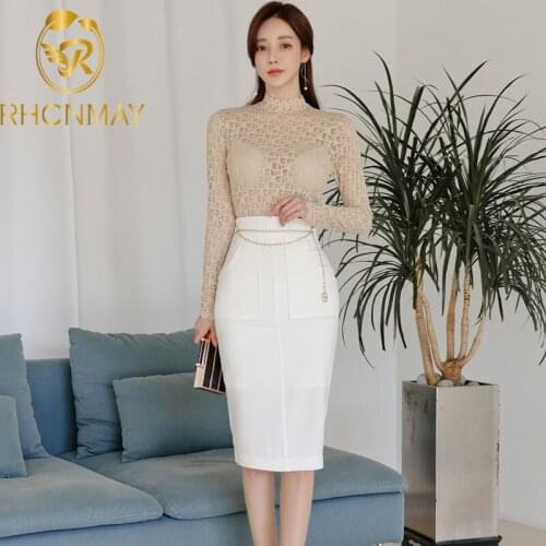 Summer 2 Pieces Set Women Korean Slim Lace Long Sleeve Shirts + High Waist Sheath Pencil Skirts Office Lady Skirt Suit