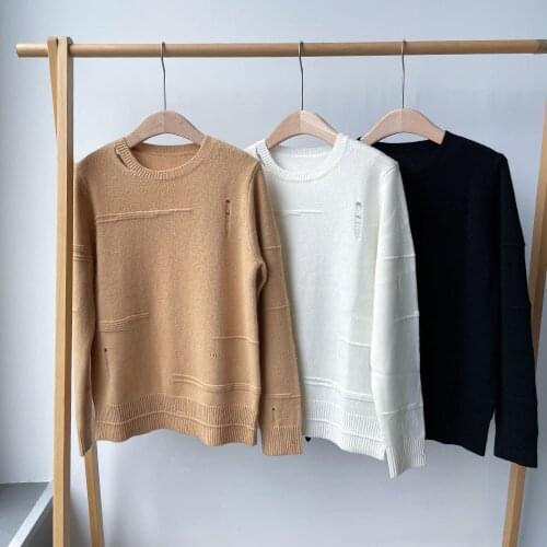 Women Sweater 2021 New Retro Worn Out Winter 100% Cashmere Women Round Neck Loose Sweater