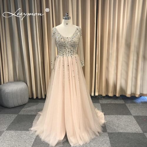 Custom Made 2020 Sexy Evening Dresses High Slit Beaded Tulle Party Dress Long Sleeves Bare Back Evening Gown