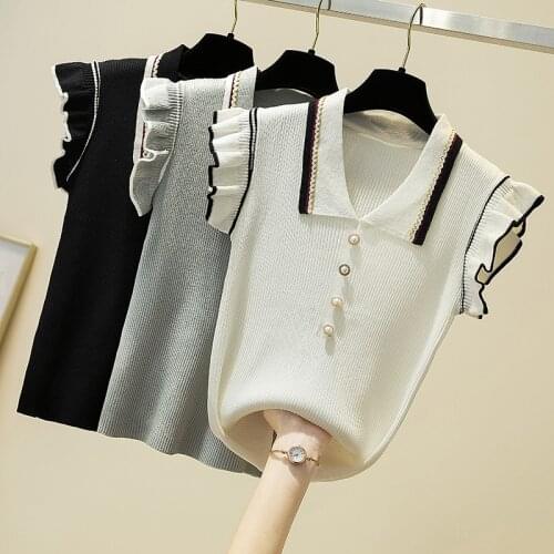 2021 Thin simple Women Sweater Summer V-Neck Short sleeve Slim Ruffle Button Jumper Female Casual Knitted Pullover