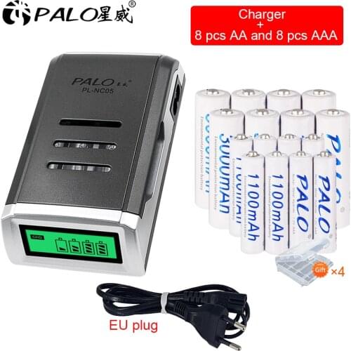 4 Slots LCD Smart Charger for 1.2V AA AAA Battery+8pcs AA battery 3000mah+8pcs AAA Nimh Rechargeable Battery AA AAA batteries