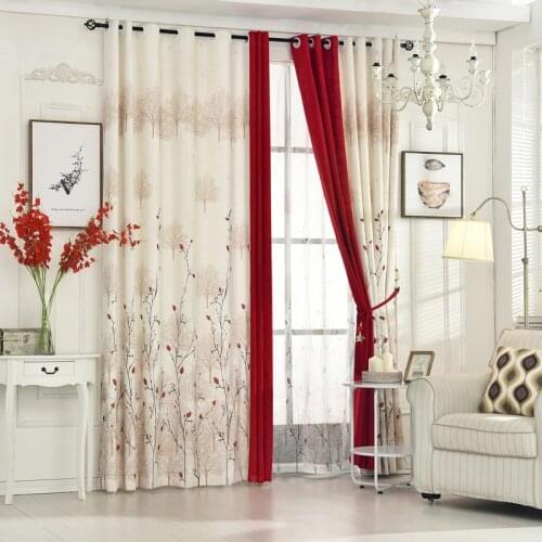 Beige Red Stitching Faux Cotton Linen Curtain Flat Window Curtains For Living Room Luxury Pastoral Kitchen Curtains
