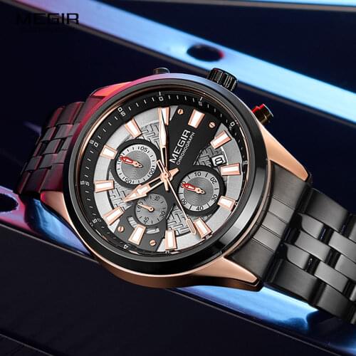 MEGIR Men Sports Watches 2020 Luxury Brand Chronograph Quartz Watch for Man Stainess Steel Strap Waterproof Luminous Wristwatch