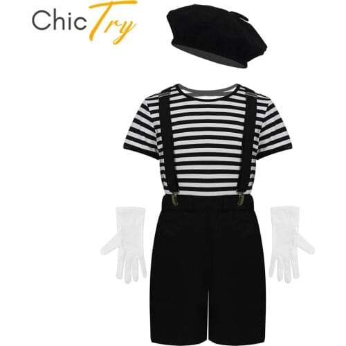 ChicTry Unisex Kids Boys Girls French Mime Artist Costume Striped T-Shirt with Beret Gloves Suspenders Halloween Roleplay Outfit