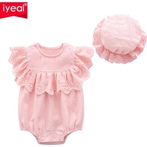 IYEAL Toddler Baby Girls Clothes Summer Flying Sleeveless Cotton Newborn Baby Bodysuits With Hat One Piece Lace Jumpsuit 0-12M